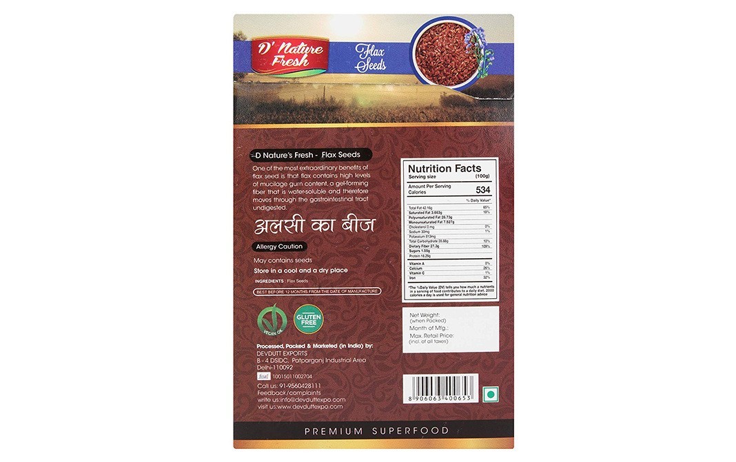 D'nature Fresh Flax Seeds    Box  100 grams